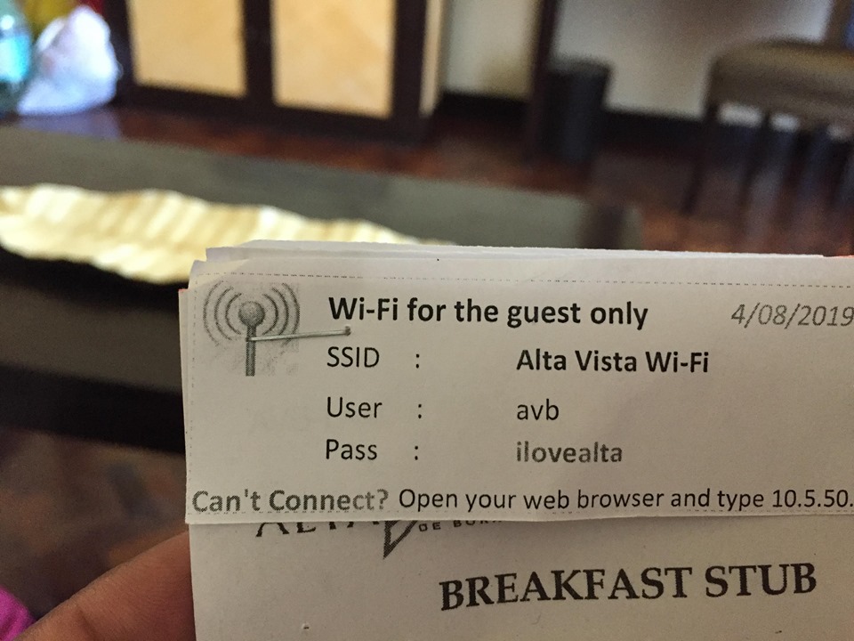 stubs and wifi password  during our stay at Alta Vista de Boracay